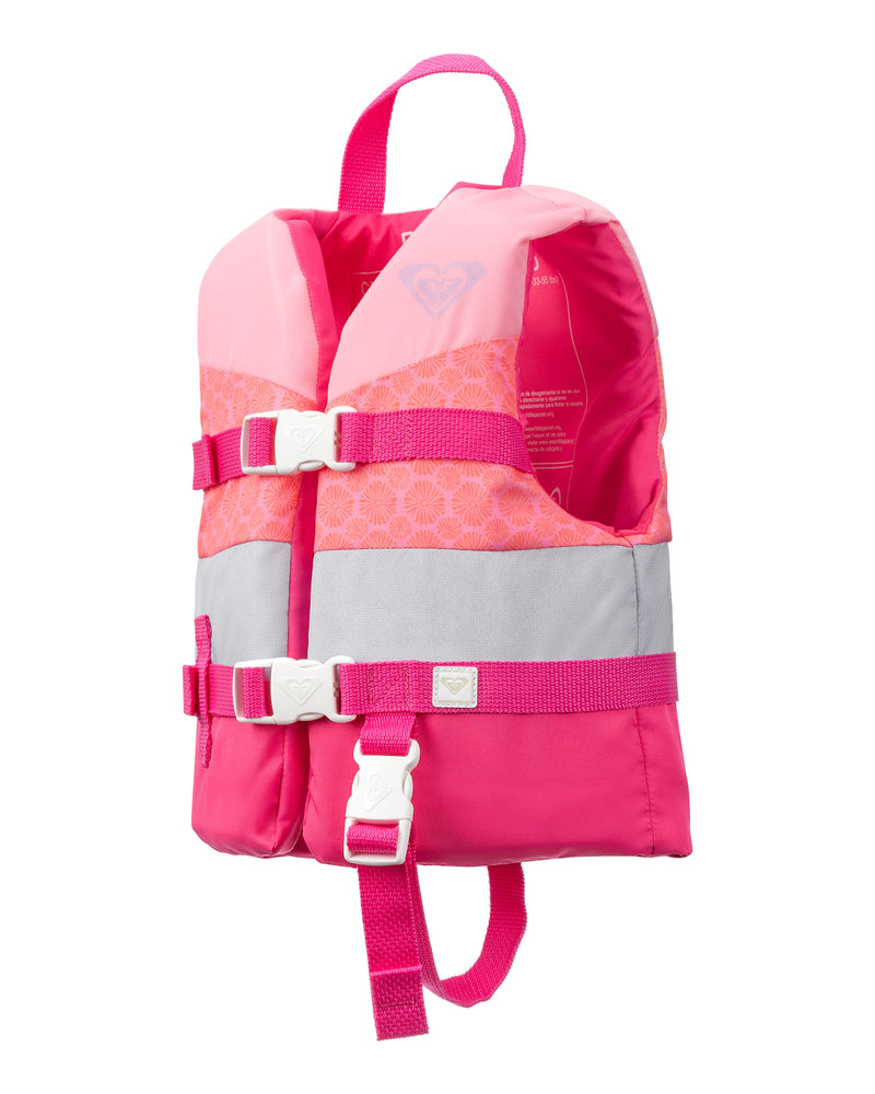 The Roxy Youth Duraweave Vest by Roxy is a pink and gray life vest featuring adjustable straps, a chest buckle, and a convenient handle on top. USCG approved for water safety, it is shown against a white background.