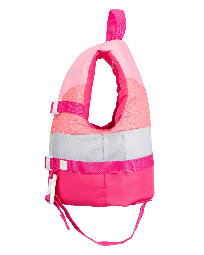 The Roxy Youth Duraweave Vest is a pink and gray children’s life jacket featuring adjustable straps, a top handle, and a safety buckle at the bottom. This USCG-approved youth life vest by Roxy is designed for optimal water safety and is shown on a white background.