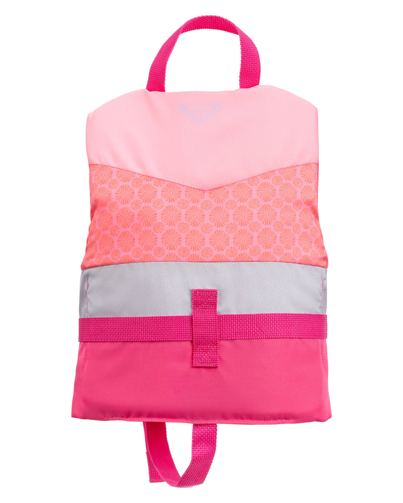 A small pink and light pink backpack with a geometric pattern, a top handle, a front strap, and a silver horizontal stripe across the center—perfect for carrying essentials whether heading to school or packing your Roxy Youth Duraweave Vest by Roxy for water safety adventures.