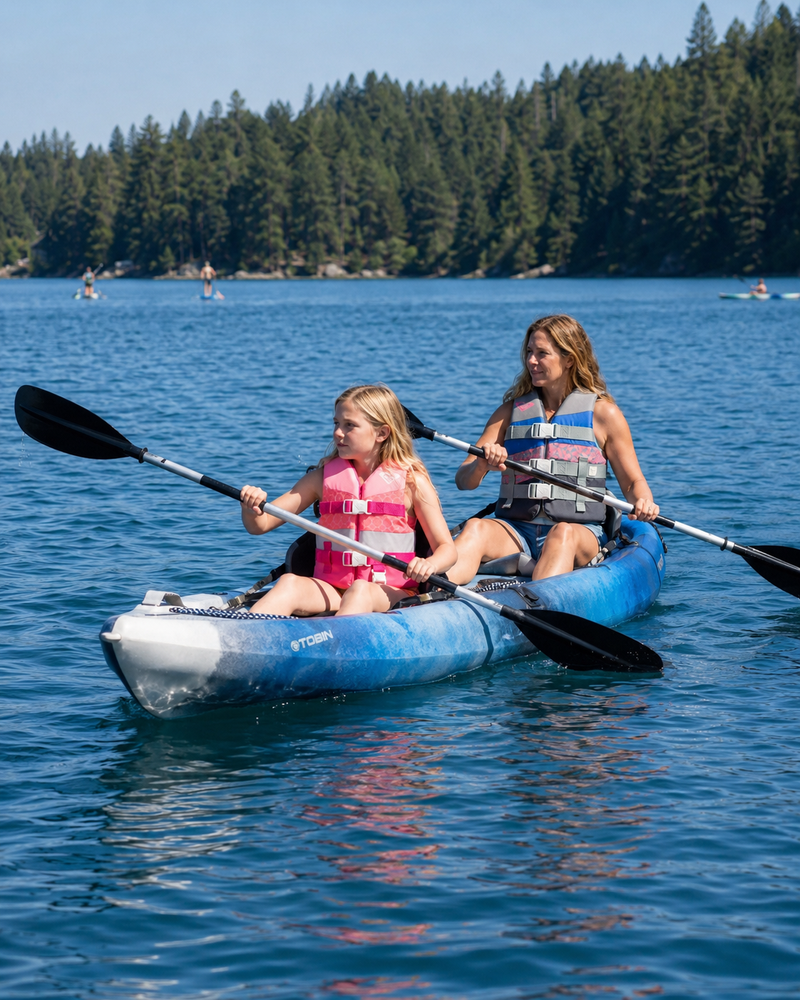 A woman and a girl, with the girl wearing the Roxy Youth Duraweave Vest—a USCG approved life jacket by Roxy—paddle a blue kayak on a tree-lined lake, joined by other kayakers in the background, highlighting water safety.