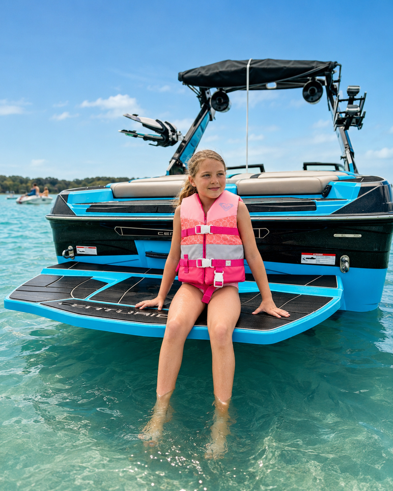 A young girl wearing a Roxy Youth Duraweave Vest by Roxy sits on the swim platform of a blue and black boat, her feet in clear turquoise water under a sunny blue sky, highlighting water safety on the lake.
