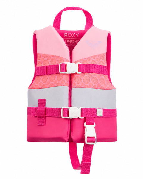 Roxy Child Duraweave Vest by Roxy in a Pink/Silver/Pink color scheme, featuring a playful floral pattern, adjustable straps, and white buckles, is displayed on a plain white background. This USCG approved child life vest combines bright and light pink shades for eye-catching style.
