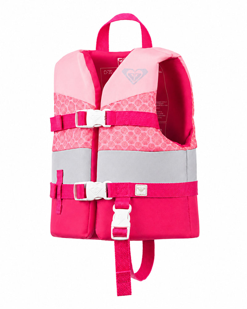 The Roxy Child Duraweave Vest by Roxy is a USCG approved child life vest in pink and light gray, featuring adjustable straps, a top handle, and a geometric chest pattern, shown against a white background.