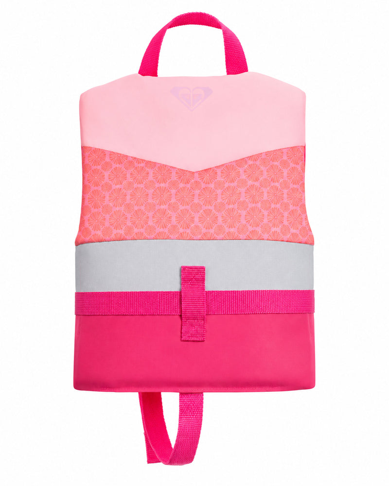 Featuring a pink and light red backpack with a geometric floral pattern, top handle, and front strap—ideal for carrying essentials to the lake or pool alongside your child’s Roxy Child Duraweave Vest by Roxy—displayed against a white background.