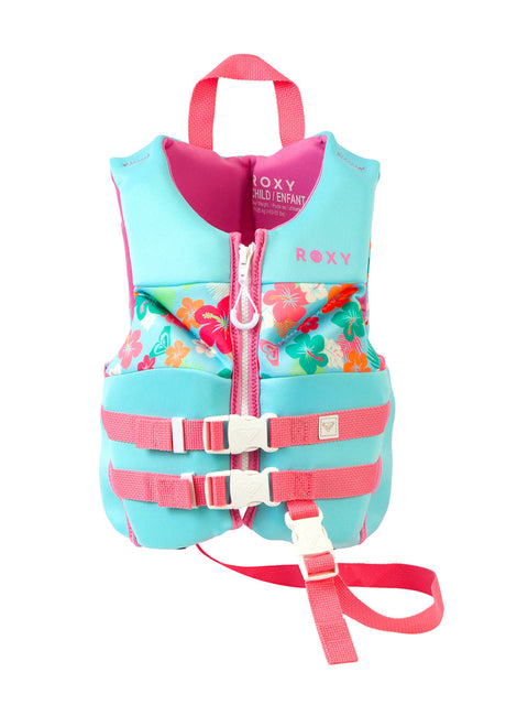The Roxy Child Daily CGA Vest is a USCG approved life jacket for children in pink and light blue, featuring a floral design, three pink buckles, a front zipper, and a pink safety strap. The chest displays the ROXY brand name along with CHILD/ENFANT. This vest combines stylish details with dependable safety for your child on the water.