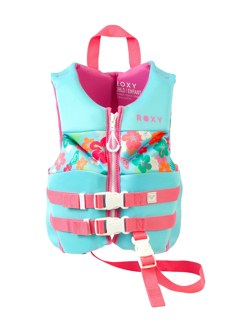The Roxy Child Daily CGA Vest is a USCG approved life jacket for children in pink and light blue, featuring a floral design, three pink buckles, a front zipper, and a pink safety strap. The chest displays the ROXY brand name along with CHILD/ENFANT. This vest combines stylish details with dependable safety for your child on the water.
