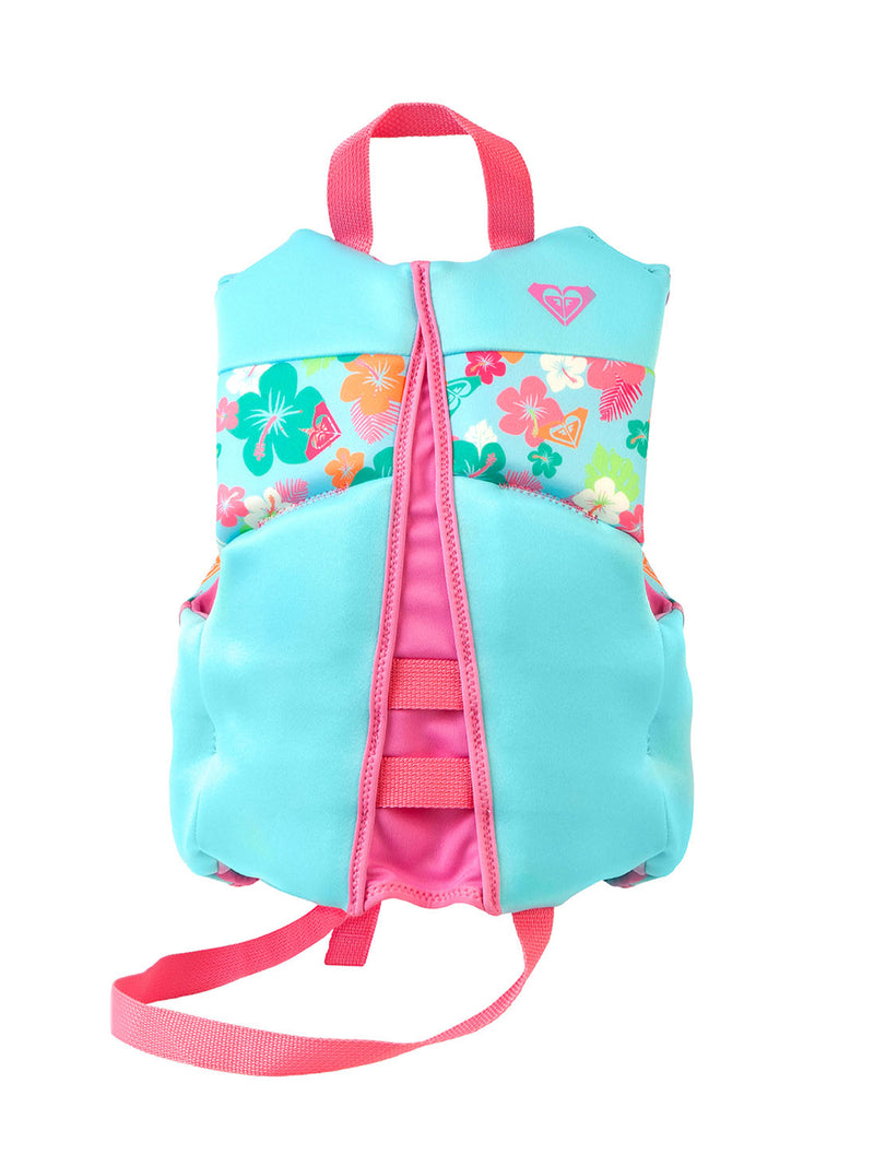 A back view of the Roxy Child Daily CGA Vest—a blue and pink flotation vest for children featuring floral patterns and a pink strap. This USCG-approved life jacket from Roxy is designed to offer both safety and style for kids.