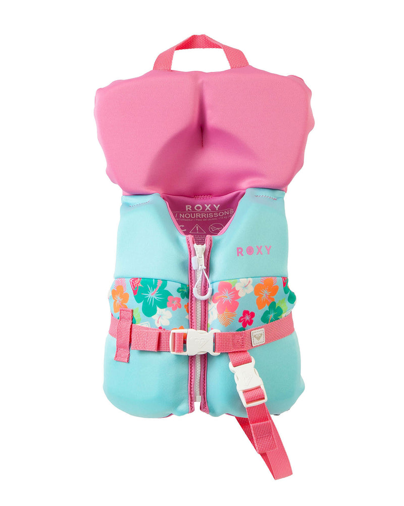 The Roxy Infant Daily CGA Vest is a pink and light blue life jacket featuring floral patterns, a white zipper, pink straps, and a convenient top handle. The Roxy brand name appears on the front. This USCG-approved vest offers safety and style for your little one as an infant life vest.