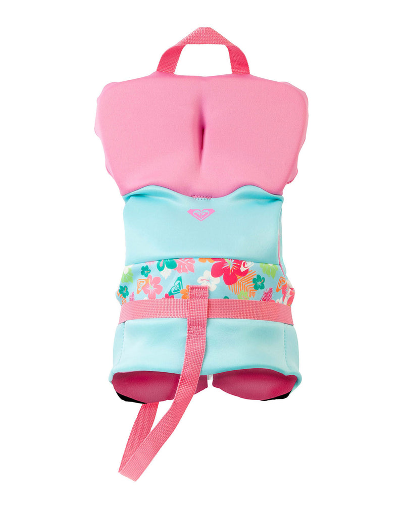 The Roxy Infant Daily CGA Vest is a pink and light blue infant life vest featuring floral patterns, pink straps, and a top handle for easy carrying. Designed by Roxy for swimming safety, this USCG-approved flotation vest is perfect for young children.