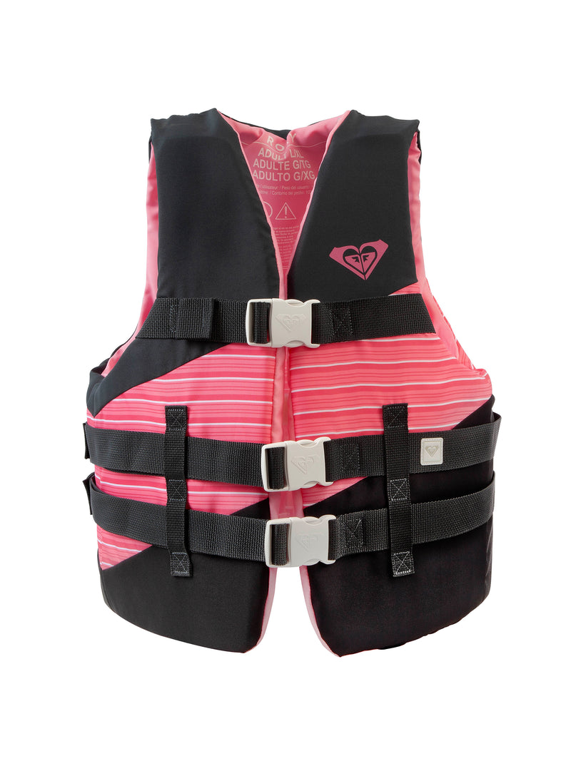 Introducing the Roxy Women’s Oasis Duraweave—a pink and black life jacket designed for women, featuring horizontal stripes, three secure black buckle straps, and a subtle heart-shaped logo on the chest. This stylish boating vest by Roxy combines safety and comfort, making it perfect for your water adventures.