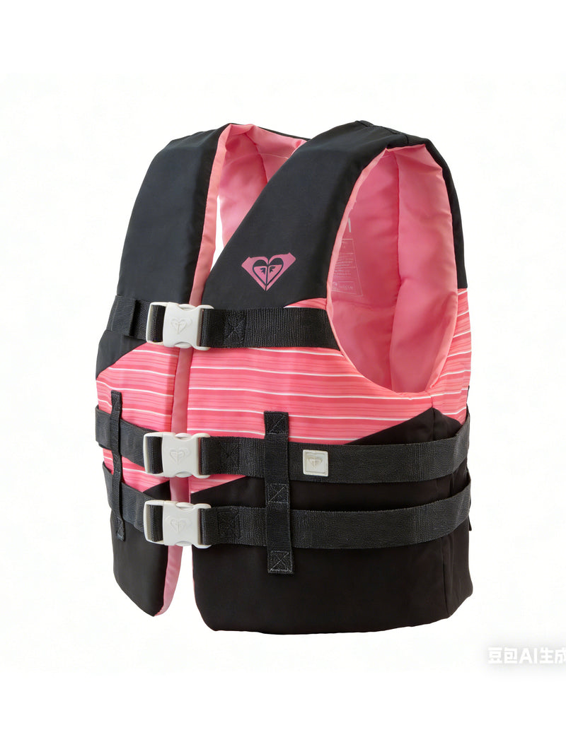 The Roxy Women’s Oasis Duraweave is a black and pink life jacket featuring three adjustable front buckle straps, designed by Roxy to provide safety for women during water activities.