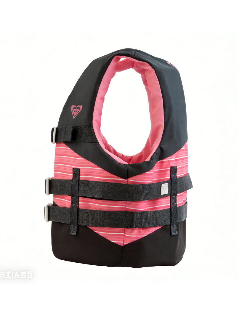 A Roxy Women’s Oasis Duraweave life jacket in pink and black, featuring two black buckles and straps, displayed against a white background.
