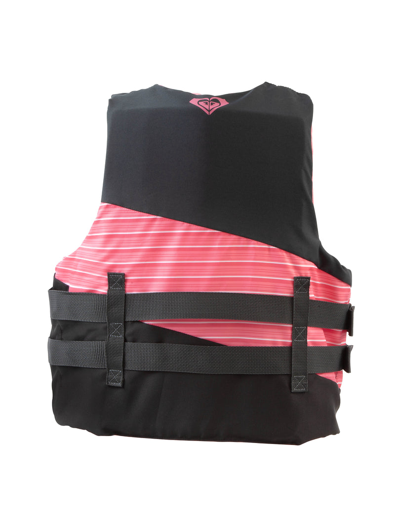 The Roxy Women’s Oasis Duraweave life jacket, designed by Roxy, features a black and pink color scheme with two horizontal black straps and front buckles for water safety, making it an ideal boating vest.