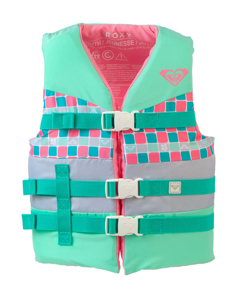 The Roxy Youth Oasis CGA Vest is a USCG approved life vest for youth, featuring light green, pink, and silver color blocks, three green adjustable straps with white buckles, and the ROXY logo on the chest—ideal for boating adventures.