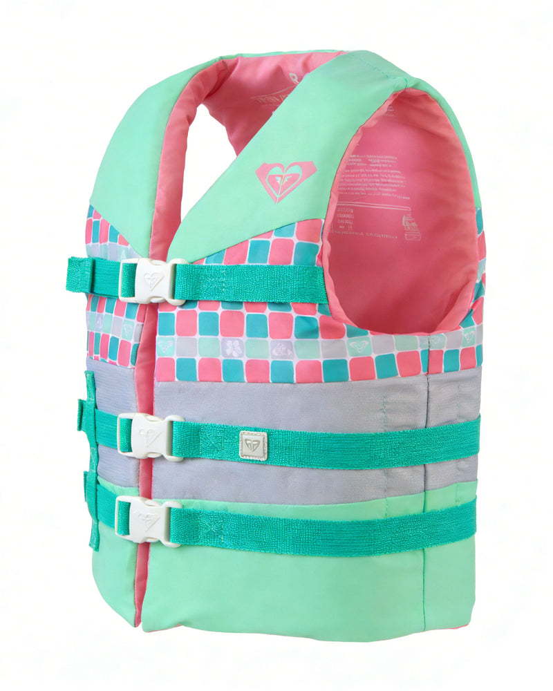 The Roxy Youth Oasis CGA Vest by Roxy is a USCG approved life vest for children, designed in mint green, pink, and gray with teal straps and a distinctive checkered chest pattern. Ideal for boating trips, this child-size jacket features a pink interior with printed safety instructions for extra peace of mind.