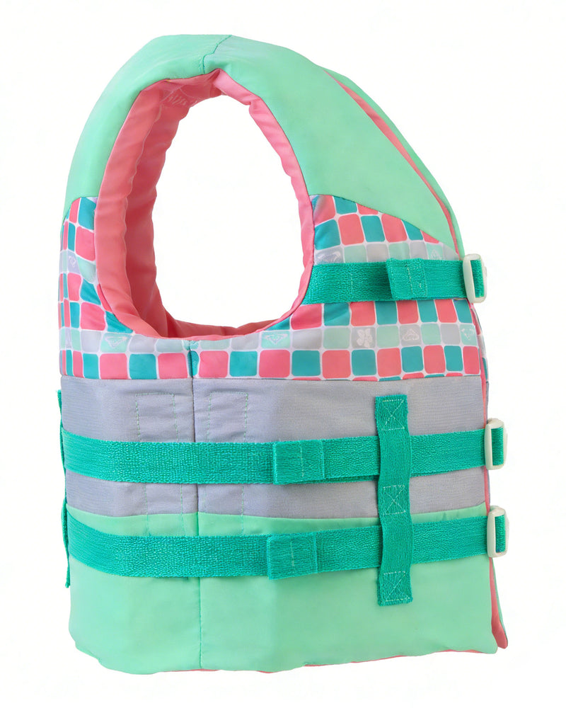 The Roxy Youth Oasis CGA Vest by Roxy is a pastel-colored life vest for youth featuring a checkered pink, blue, and white pattern with teal straps and buckles. USCG approved for boating, it is shown against a white background.