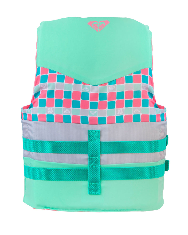 The Roxy Youth Oasis CGA Vest is a mint green life vest for youth, featuring a vibrant square pattern in pink, teal, and white, adjustable teal straps, and a small white heart logo at the top center. USCG approved by Roxy for safe boating adventures.