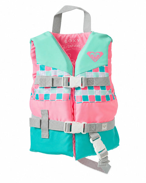 The Roxy Child Oasis CGA Vest is a USCG approved life vest for kids, featuring a vibrant light green and pink design with gray straps and buckles, a top handle for added safety, and the signature Roxy heart logo on the chest.