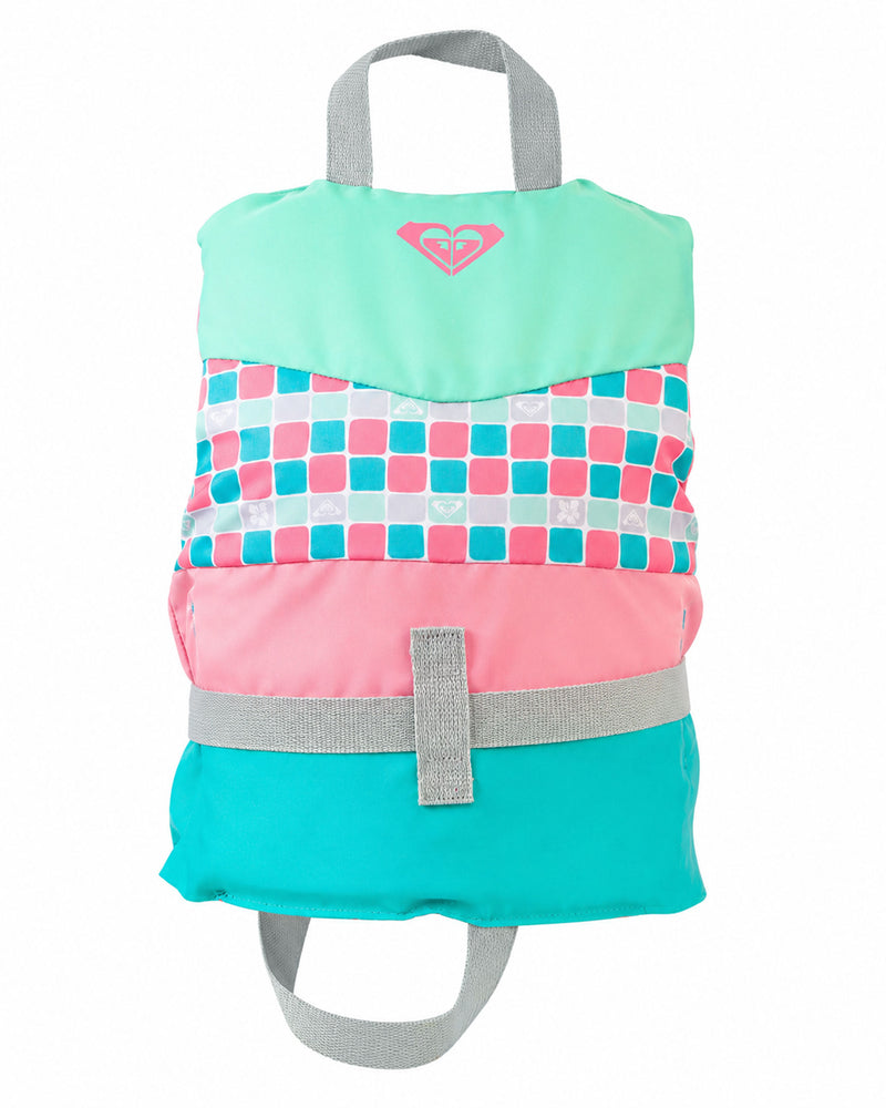 The Roxy Child Oasis CGA Vest by Roxy boasts a vibrant design with mint green, pink, and teal sections, accented by a checkered pattern in the center and complemented with gray straps—an ideal choice for bringing along to swim lessons or any outing that prioritizes kids’ water safety.