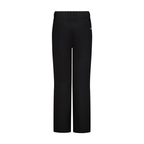 Girls' Backyard Pant by Roxy, shown from the front in black with straight legs, belt loops, a smooth adjustable waistband, and subtle knee seam details, displayed on a white background.