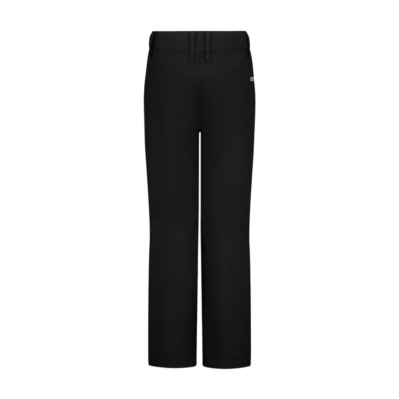 Girls' Backyard Pant by Roxy, shown from the front in black with straight legs, belt loops, a smooth adjustable waistband, and subtle knee seam details, displayed on a white background.