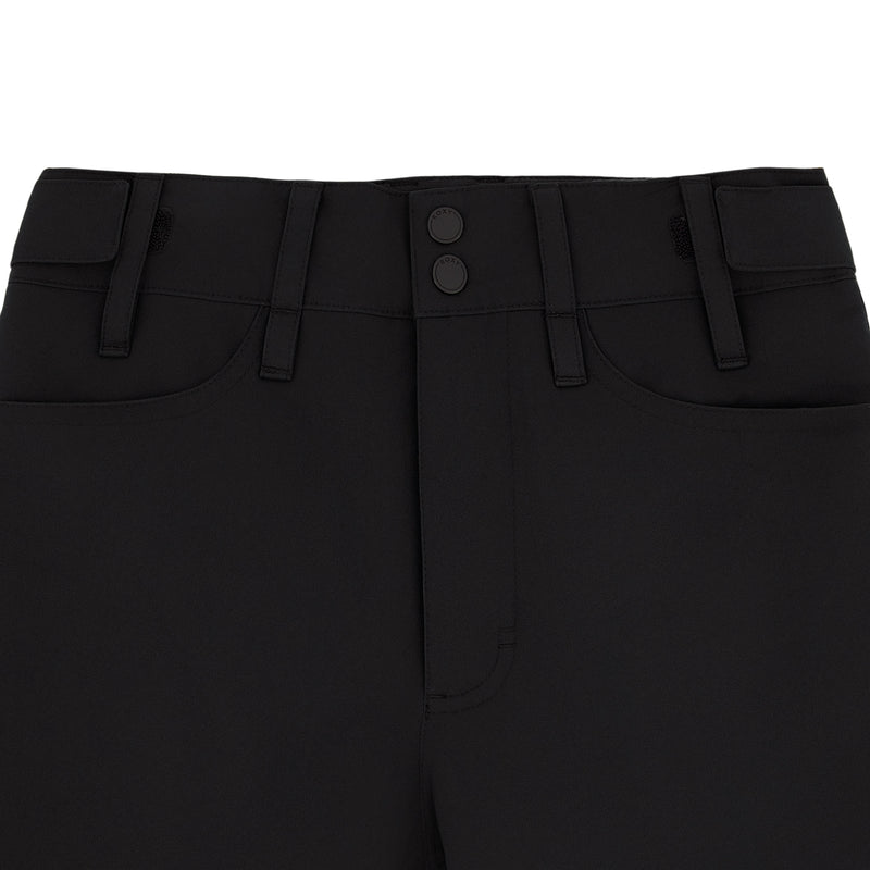 Close-up of the waistband and upper section of Roxy Girls' Backyard Pant in black, featuring belt loops, two pockets, a double-button front closure, and an adjustable waistband typical of Roxy snow pants.