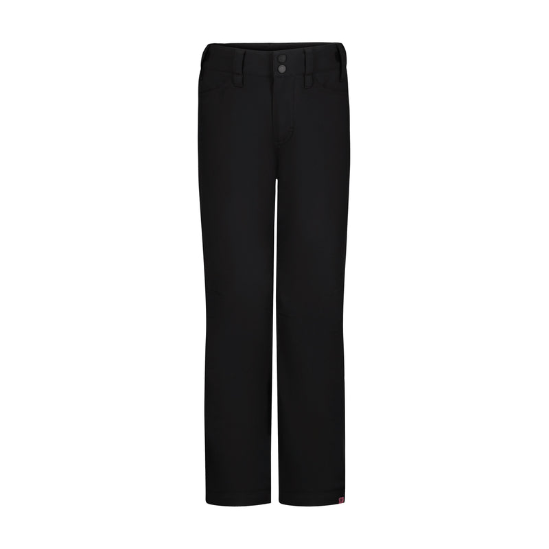 The Roxy Girls' Backyard Pant is a pair of plain black insulated snow pants with belt loops, front pockets, and a double-button closure, shown on a white background.