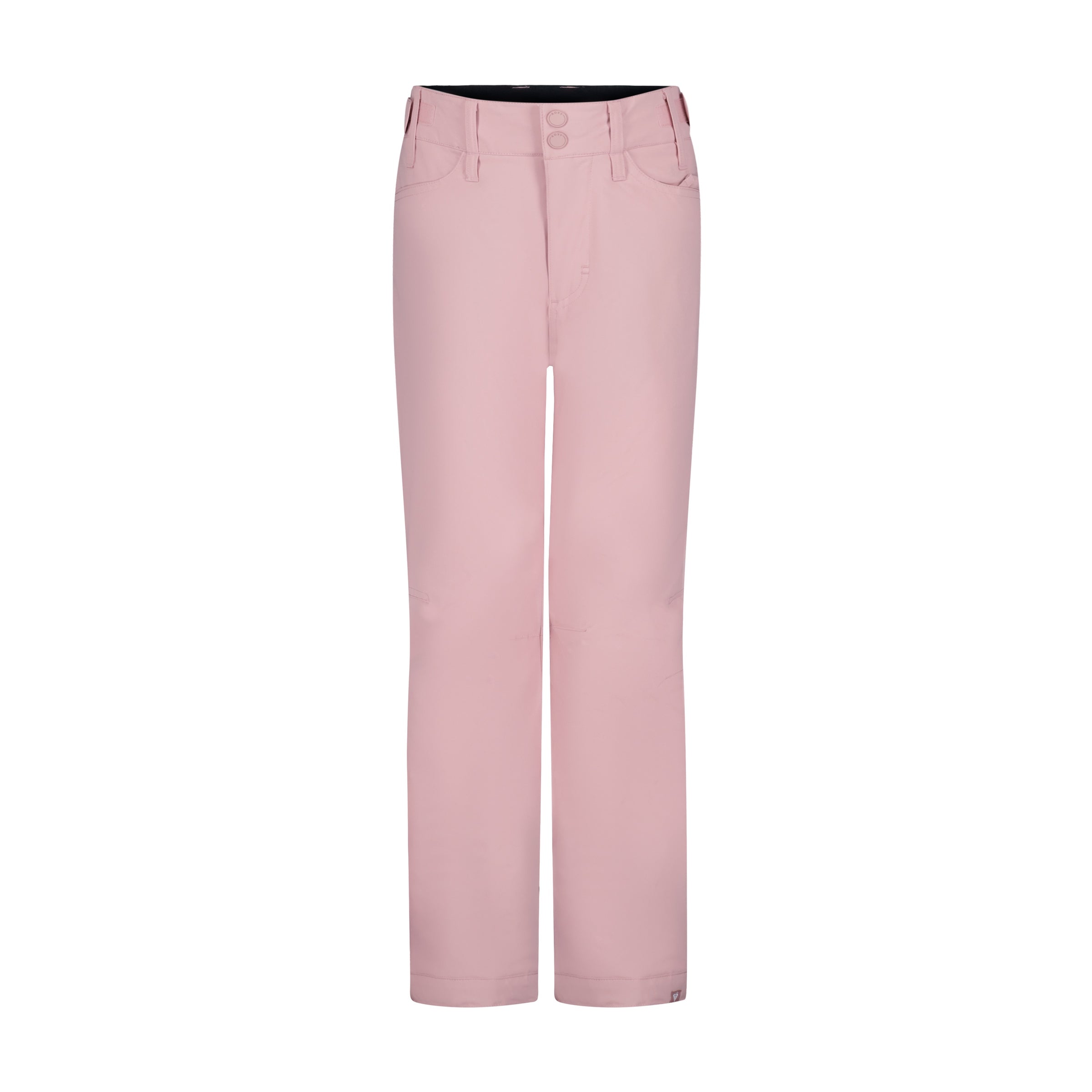 The Roxy Girls' Backyard Pant features light pink straight legs, a waistband with belt loops, two front pockets, and a double-button closure, shown on a white background.