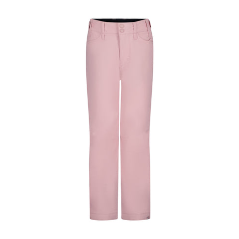 The Roxy Girls' Backyard Pant features light pink straight legs, a waistband with belt loops, two front pockets, and a double-button closure, shown on a white background.