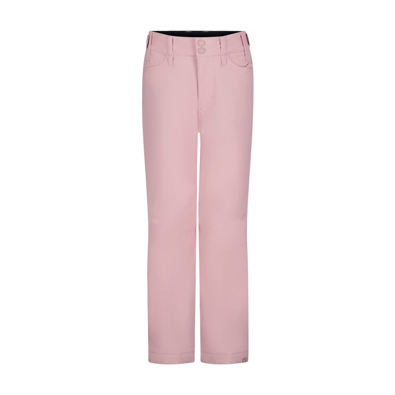 The Roxy Girls' Backyard Pant features light pink straight legs, a waistband with belt loops, two front pockets, and a double-button closure, shown on a white background.