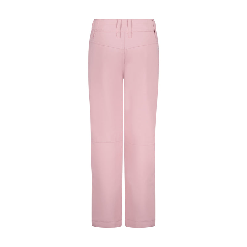 The Roxy Girls' Backyard Pant features a light pink, straight-leg design with belt loops and front and back seams for a clean, minimalist look—combining comfort and style. Displayed on a white background.