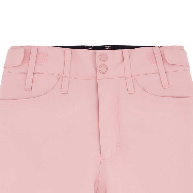 Close-up of the waistband and upper portion of Roxy Girls' Backyard Pant in light pink, featuring belt loops, front pockets, two buttons, and a zipper fly—ideal snowboard pants for girls who want style and comfort.