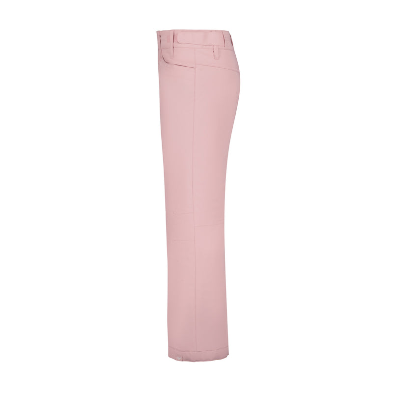 Light pink Roxy Girls' Backyard Pant shown from the side against a white background, featuring belt loops, side pockets, and a straight leg cut—stylish waterproof insulated snow pants.