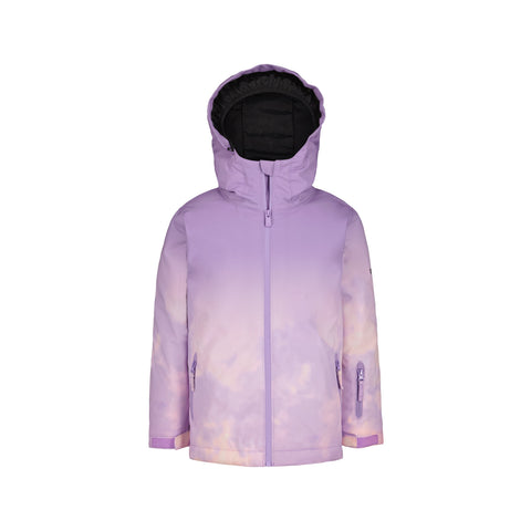 The Roxy Girls' Bluebird Jacket features a light purple gradient, waterproof insulation for mountain conditions, a front zipper, two side pockets, and a high collar.