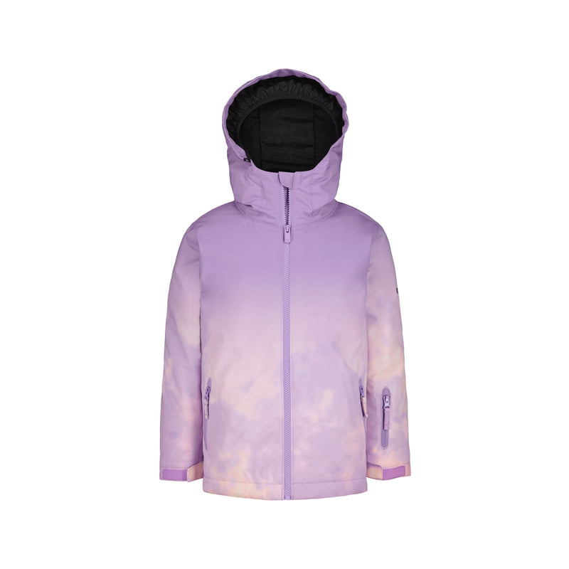 The Roxy Girls' Bluebird Jacket features a light purple gradient, waterproof insulation for mountain conditions, a front zipper, two side pockets, and a high collar.