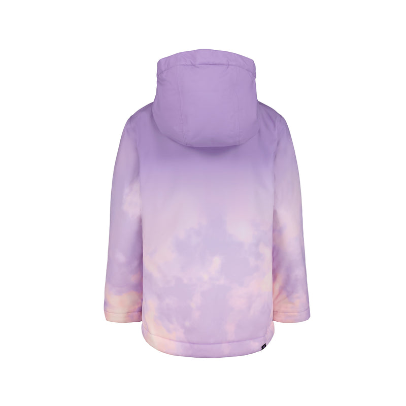 A pastel purple Girls' Bluebird Jacket by Roxy, featuring a cloud-like pattern in light purple, pink, and peach with waterproof insulation for mountain performance, shown from the back against a white background.
