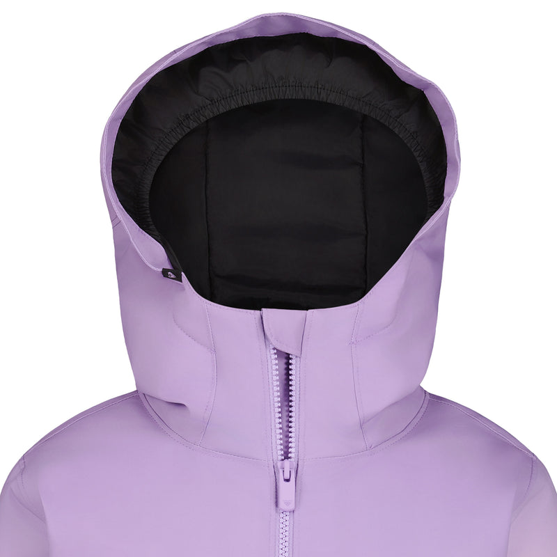 A close-up of the Roxy Girls' Bluebird Jacket, featuring mountain-ready performance, a front zipper, waterproof insulation, and a hood with a black inner lining. The lavender jacket is fully zipped with no person inside.