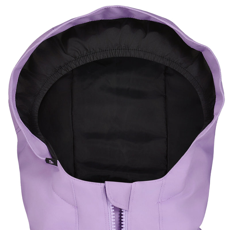 Close-up of the Roxy Girls' Bluebird Jacket in lavender, featuring a black-lined hood and partially unzipped front. This snow jacket is designed for mountain performance with waterproof insulation.