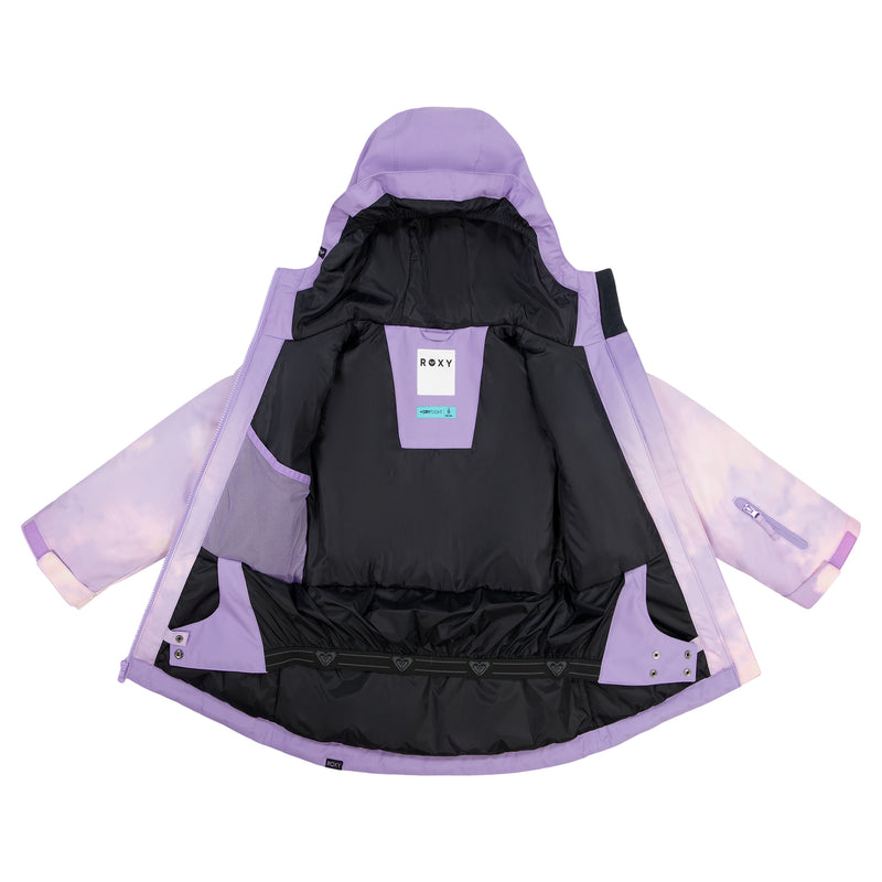 The Girls' Bluebird Jacket by Roxy features lavender and light pink colors, a black inner lining with interior pockets, mesh compartment, and a ROXY label—engineered for mountain performance with cozy waterproof insulation.