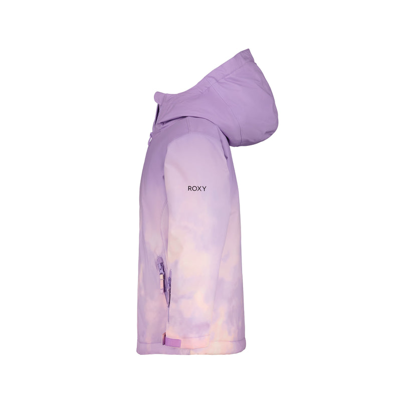 Side view of the Roxy Girls' Bluebird Jacket, light purple with waterproof insulation, ROXY logo on the sleeve, front zipper, zippered pocket, and a pastel gradient near the bottom. Displayed against a white background.