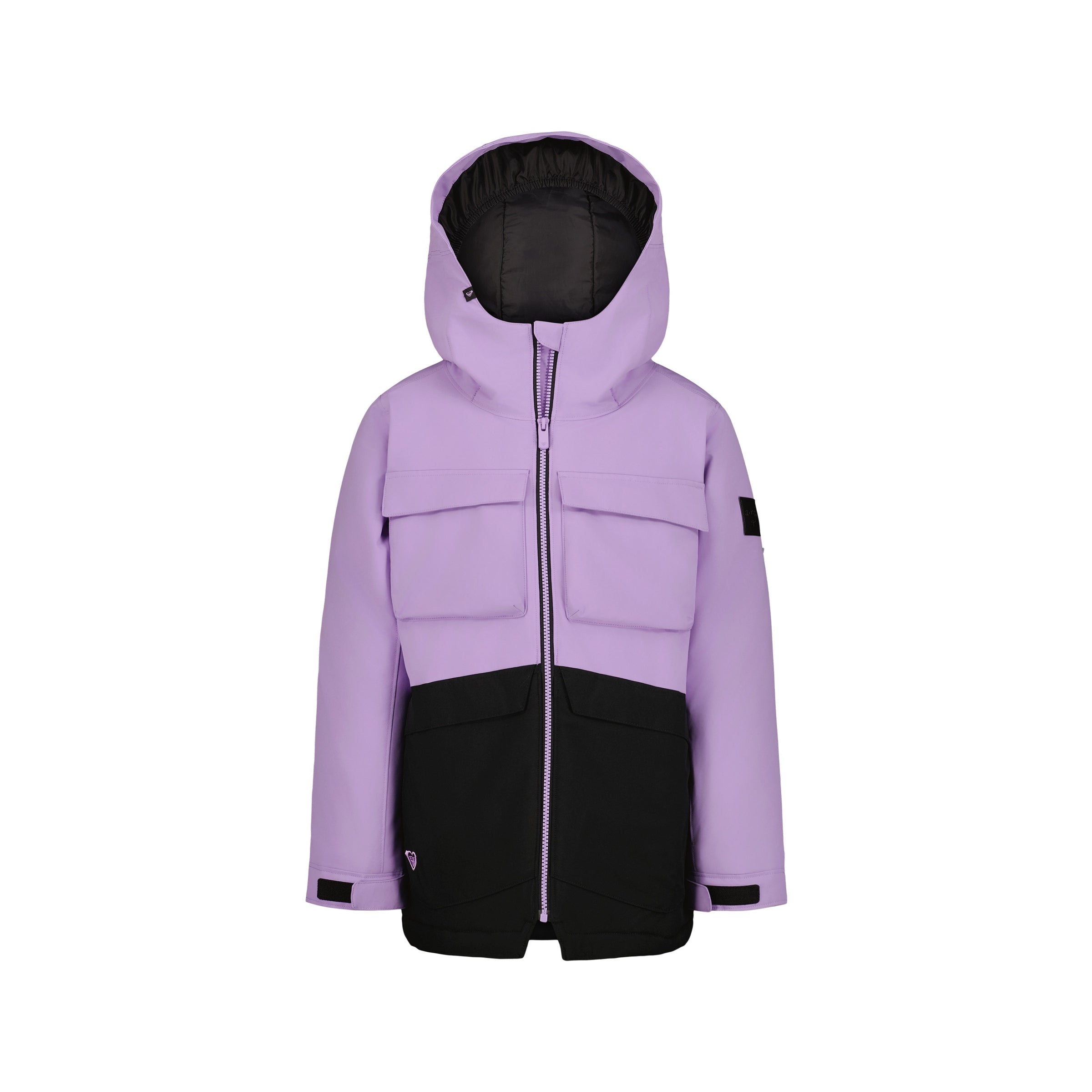 A front view of the Roxy Girls' Bettys World Jacket featuring a helmet-compatible hood, light purple top half, black bottom half, two chest pockets, front zipper, and adjustable cuffs.