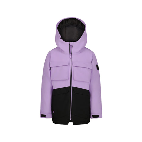 A front view of the Roxy Girls' Bettys World Jacket featuring a helmet-compatible hood, light purple top half, black bottom half, two chest pockets, front zipper, and adjustable cuffs.