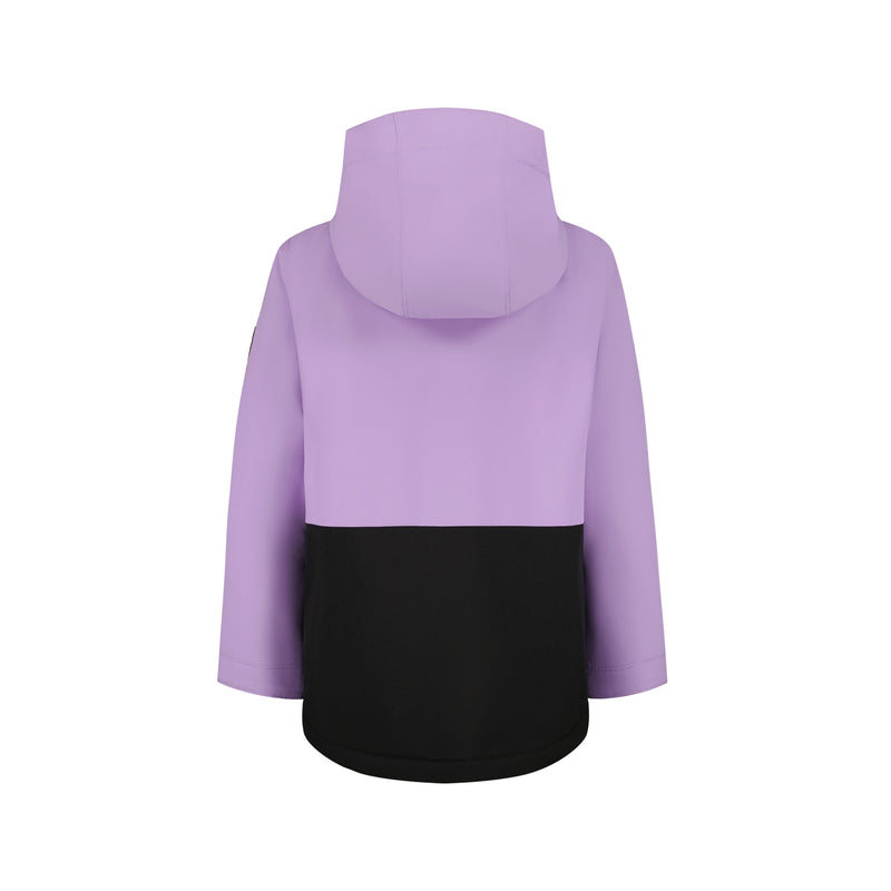 The Girls' Bettys World Jacket by Roxy features a pastel purple top and black bottom, shown from the back against a white background. This relaxed-fit snow jacket comes with long sleeves and a helmet-compatible hood.