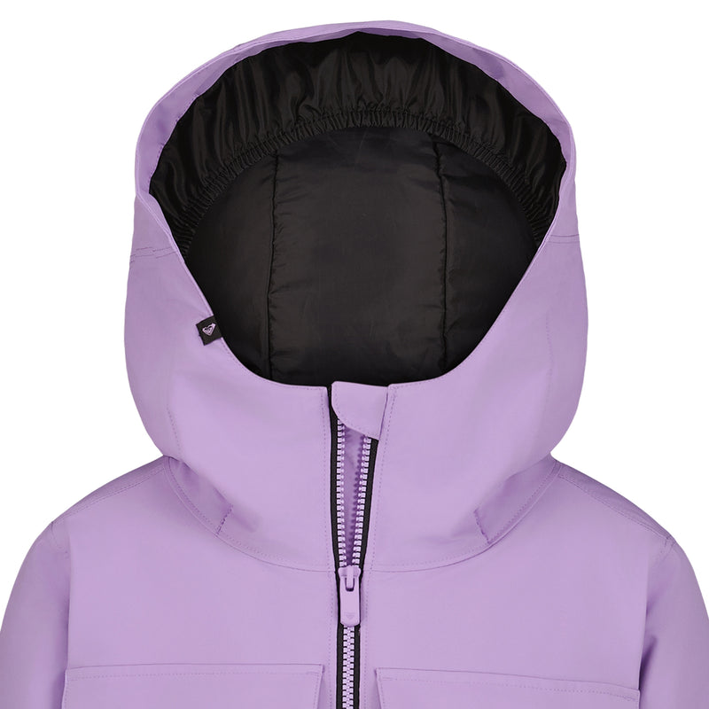 A close-up of the Roxy Girls' Bettys World Jacket in lavender, showing its helmet-compatible hood and black inner lining. The hood is up, fully covering the head area with the zipper partially closed. No face or person is visible.