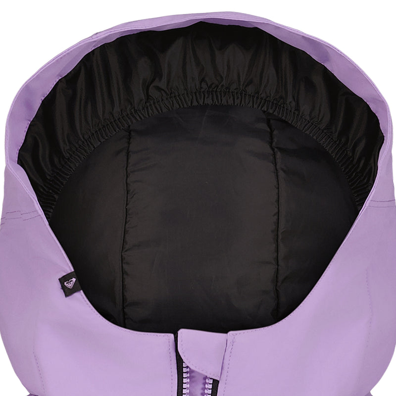 Close-up of the inside of the Girls' Bettys World Jacket by Roxy, showing its light purple, helmet-compatible hood with a black inner lining, elastic edge, and a small tag on the left side.