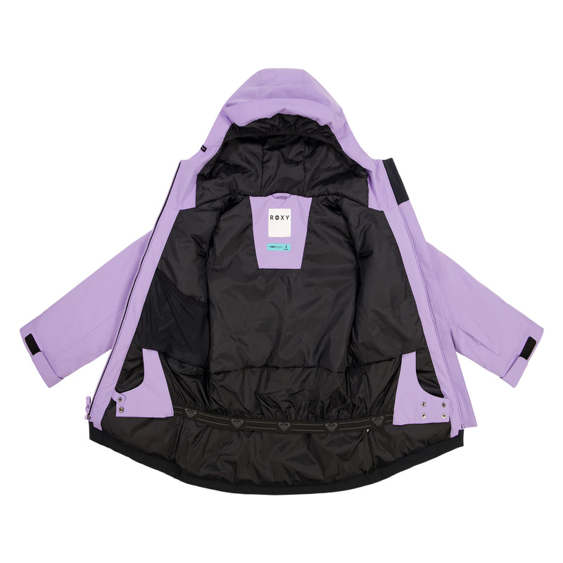 A lavender Girls' Bettys World Jacket by Roxy is laid flat with the front open, revealing a black interior lining, multiple inner pockets, a Roxy logo on the upper inside back, and a helmet-compatible hood for added winter protection.