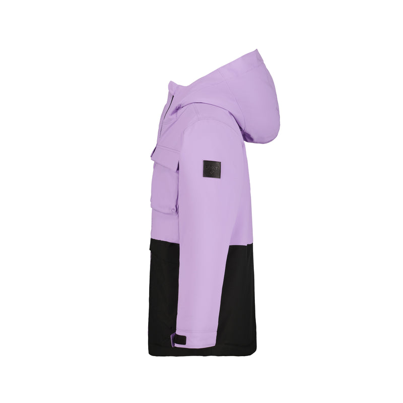 A side view of the Roxy Girls' Bettys World Jacket is shown on a white background, highlighting its light purple upper, black lower section, helmet-compatible hood, sleeve patch, and front flap detail.