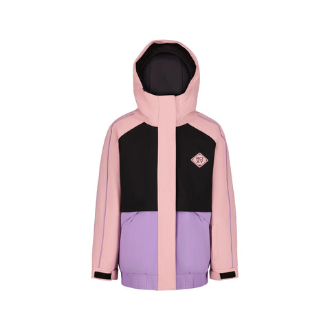 The Roxy Girls' Perfect Powder Jacket is a color-blocked snow jacket with pink sleeves and hood, black upper chest, and purple lower section. It features WarmFlight insulation for warmth and waterproof protection. Shown on a white background.