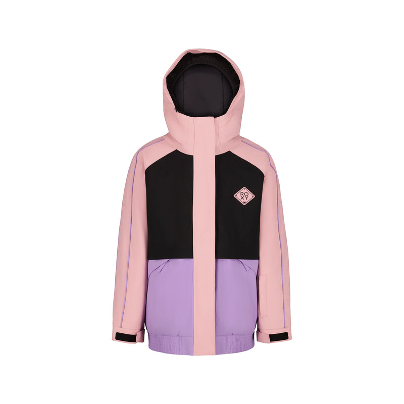 The Roxy Girls' Perfect Powder Jacket is a color-blocked snow jacket with pink sleeves and hood, black upper chest, and purple lower section. It features WarmFlight insulation for warmth and waterproof protection. Shown on a white background.
