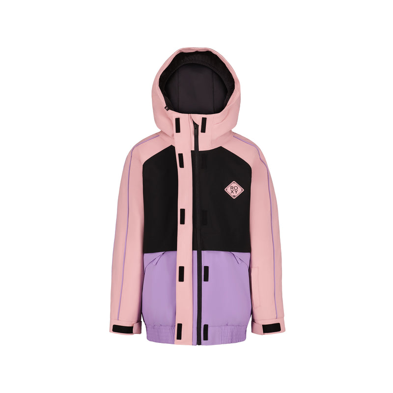 The Roxy Girls' Perfect Powder Jacket features color-blocking with pink sleeves and hood, a black chest with pocket details, a lavender lower section, WarmFlight insulation, front zipper, high collar, hood, and a patch logo on the chest.